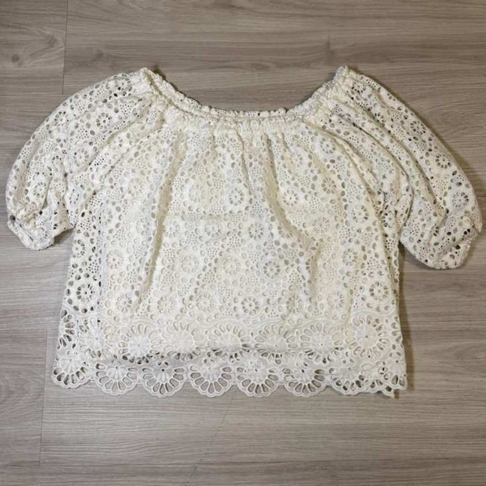 ✨ Maeve Anthropologie Eyelet Lace Off Shoulder Blouse White Boho Top Size Large